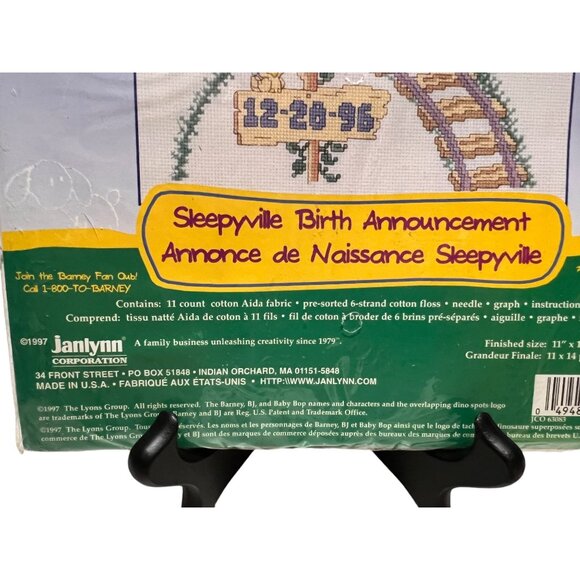 Barney Sleepyville Birth Announcement Counted Cross Stitch Kit 1997 Janlynn NEW - Picture 3 of 6